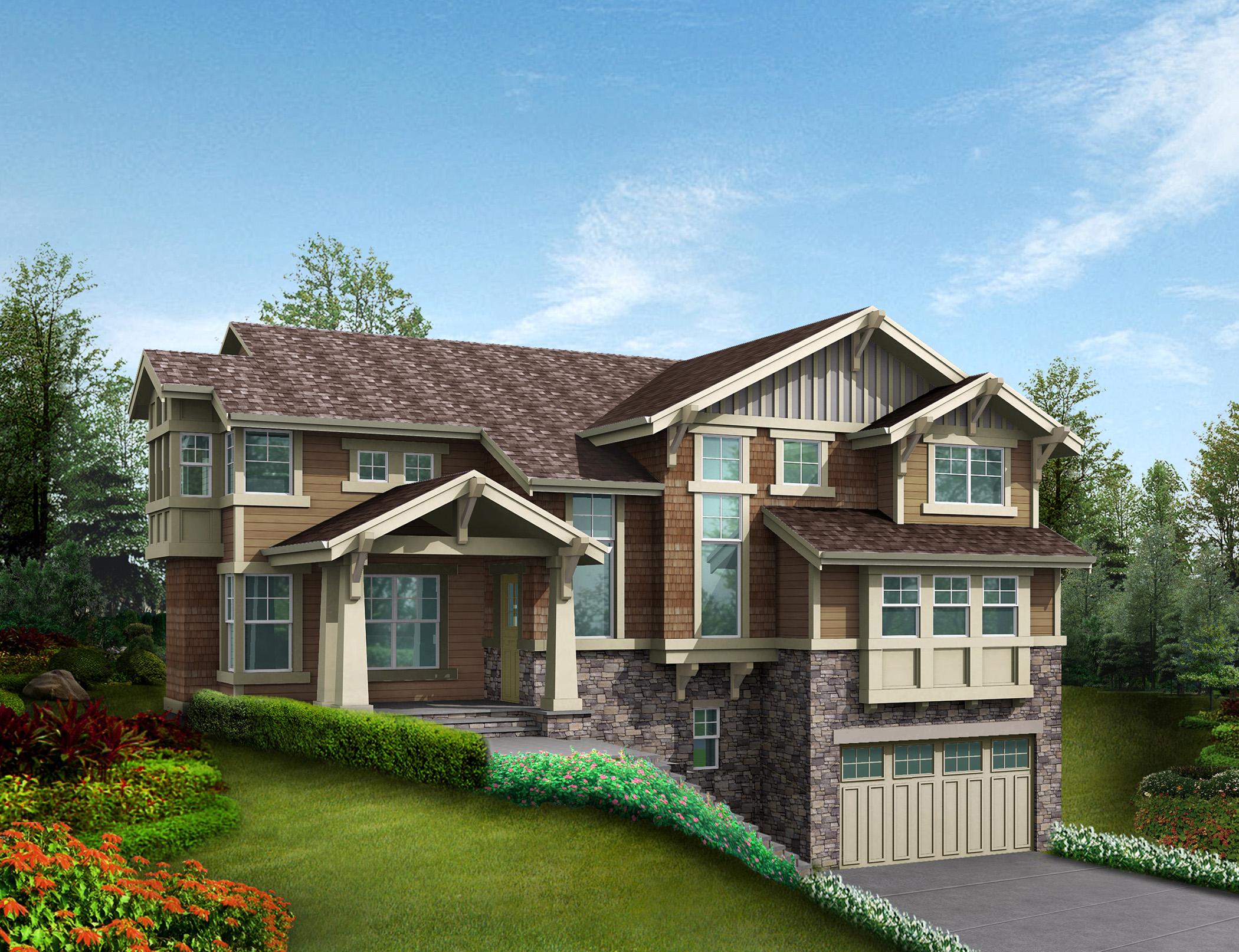 Craftsman style house plan exterior, two stories, stone base, covered entry porch with timber supports, gabled dormers.