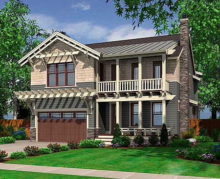 House plan exterior: Two-story home with gables, upper balcony, stone chimney, and pergola over garage.