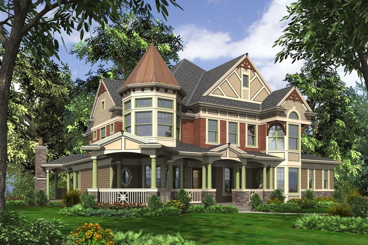 House plan exterior for a multi-story home featuring a wraparound porch, conical turret, and prominent gables.