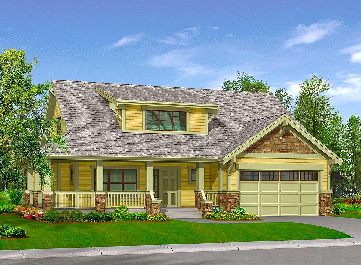 Craftsman style house plan exterior: 1.5 stories, covered porch with stone pillars, dormer, and side-facing garage.