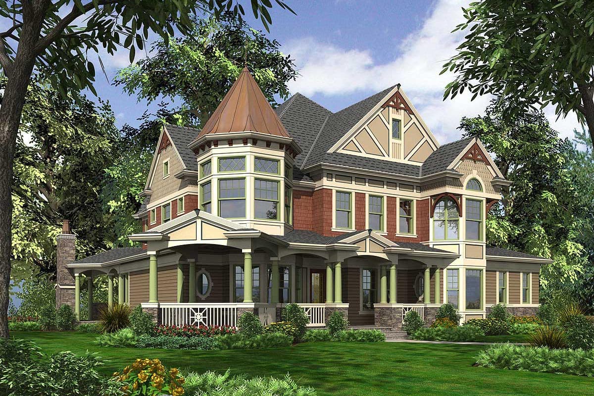 House plan exterior: Victorian style, two stories, wrap-around porch with columns, prominent turret with copper roof, detailed gables.