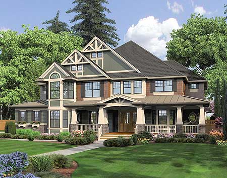 Craftsman house plan exterior: two stories, wrap-around porch, multiple gables, and dormers.