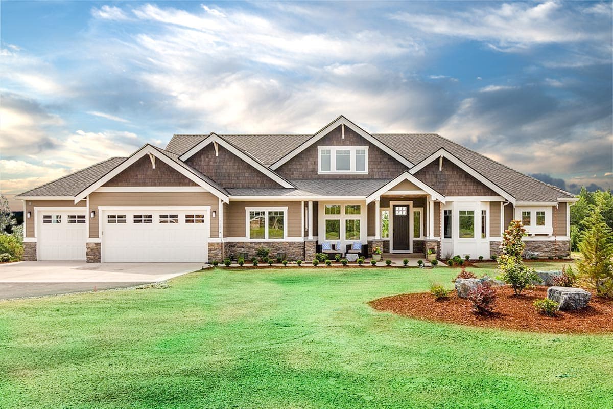 House plan exterior. Craftsman style with two stories, gabled roof, stone accents, and two-car garage. Front porch and dormers visible.