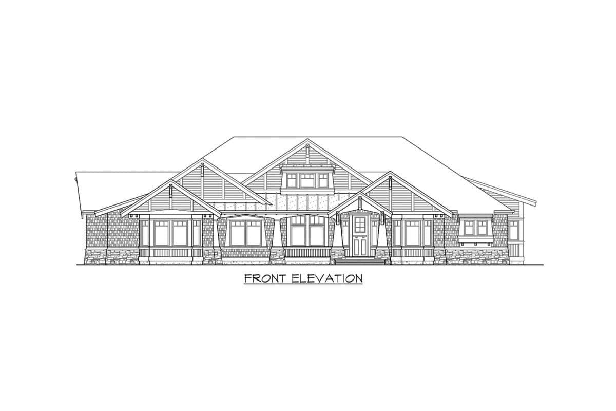 Front elevation drawing of a single-story Craftsman house plan with a wide porch, stone base, and prominent gables.