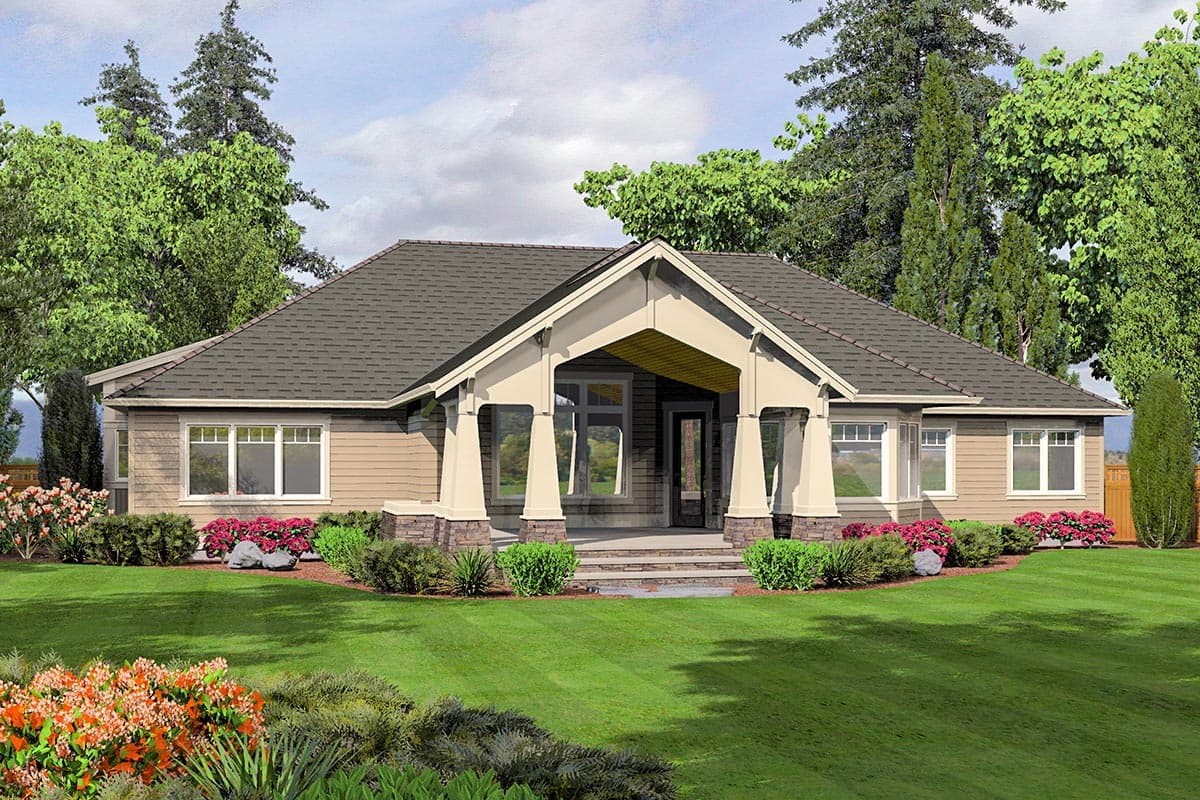 House plan exterior of a one-story home with a covered entry porch, gabled roof, and horizontal siding.