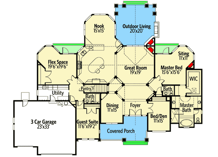 Plan 23370JD: Craftsman Home Plan with Angled Master Suite with Private Deck - Floor Plan - Main Level - Craftsman, Northwest