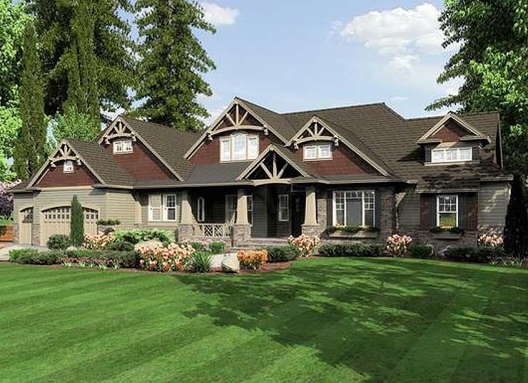 House plan exterior: Craftsman style, two stories, gable dormers, covered porch with stone columns, and a three-car garage.