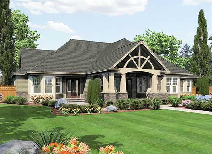 House plan exterior: Ranch style, one story, featuring a covered front porch with arched truss detailing, stone accents, and multiple gables.
