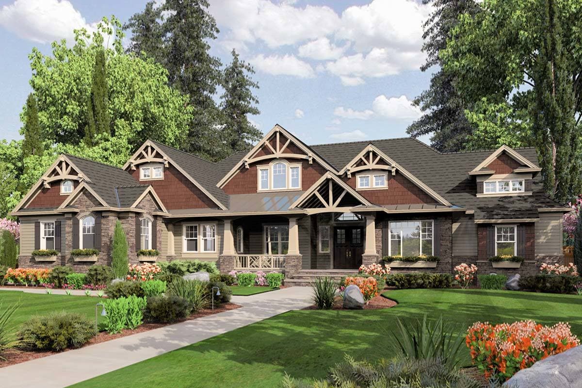 House plan exterior: Craftsman style, two stories, with stone accents, a covered porch, and multiple gables.