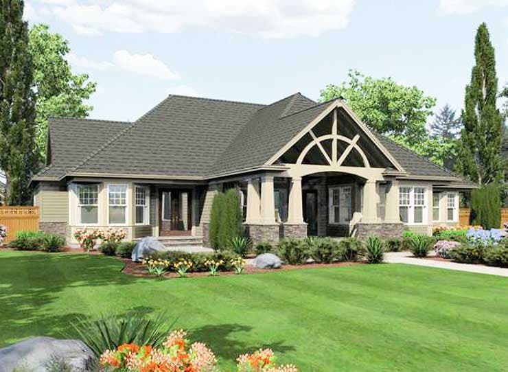 Craftsman house plan exterior with a prominent arched gable, stone accents, and a covered front porch supported by substantial columns.