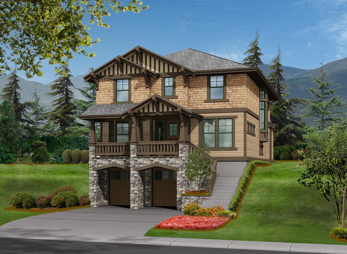 Craftsman style house plan exterior, two stories, with stacked stone base, dual garages, covered porch, and prominent gables.