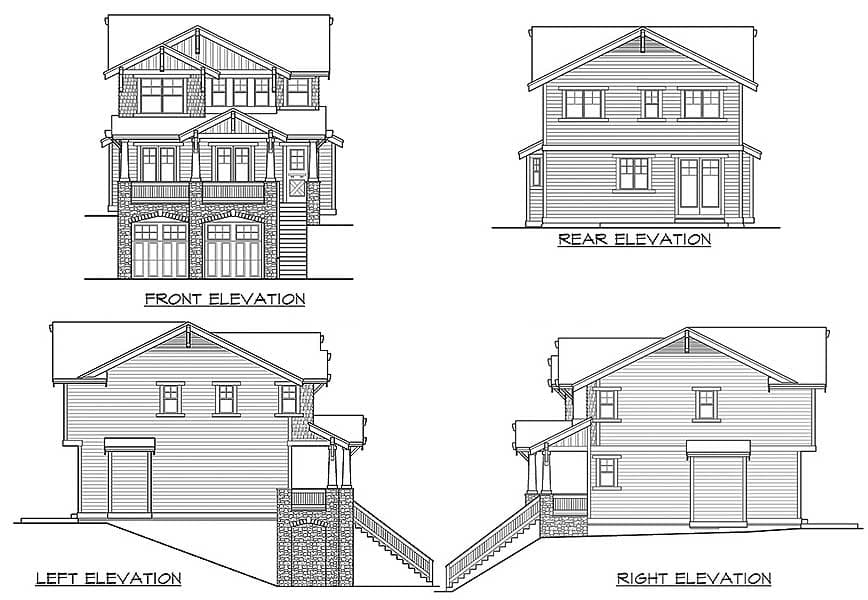 Front, rear, left, and right elevations of a two-story house plan with double garages, gables, and stone accents.