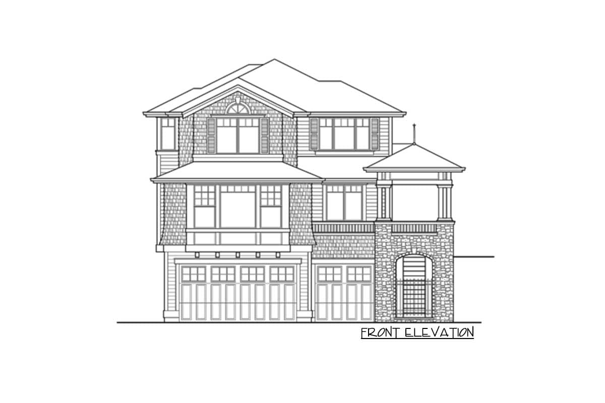 Front elevation house plan for a two-story home with multiple gables, double garage, stone accents, and covered balconies.