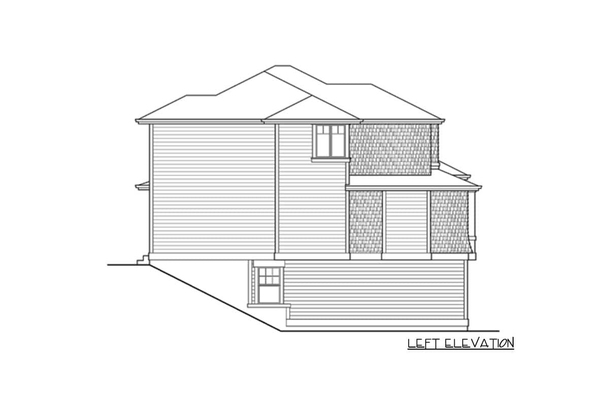 Left elevation house plan showing siding, gable rooflines, dormers, and a covered porch.