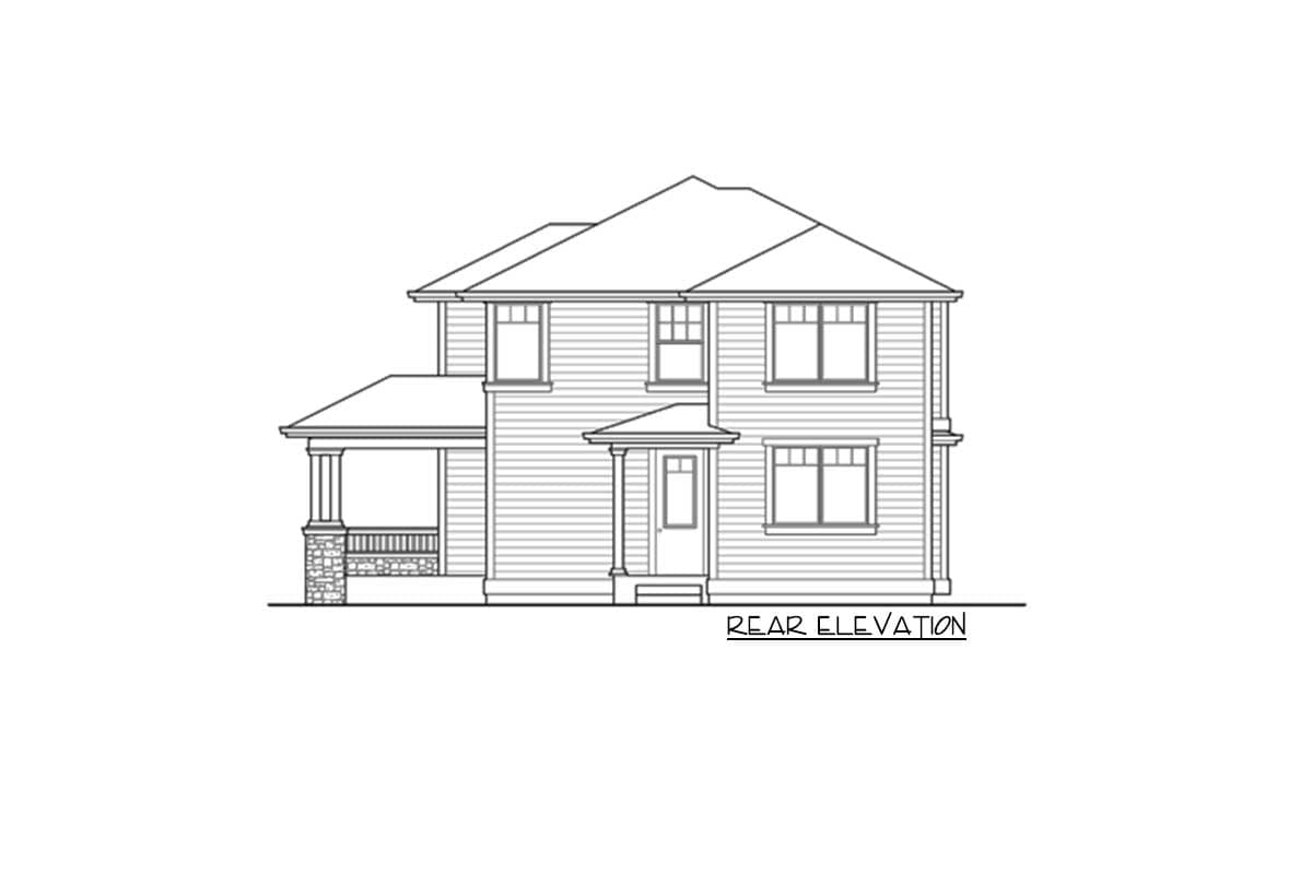 Rear elevation house plan: two-story, siding, covered porch with stone base, and front entry.