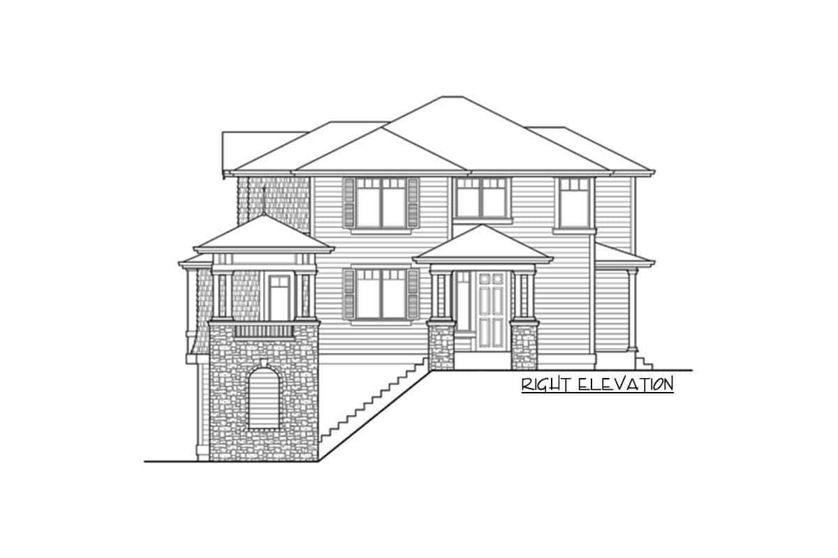 Right elevation house plan for a two-story home with a covered porch, stone accents, and multiple gables.