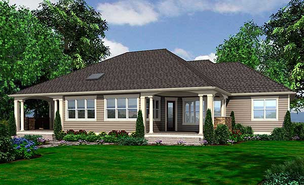 Ranch house plan exterior with a wide covered porch supported by columns, multiple gables, and large windows.