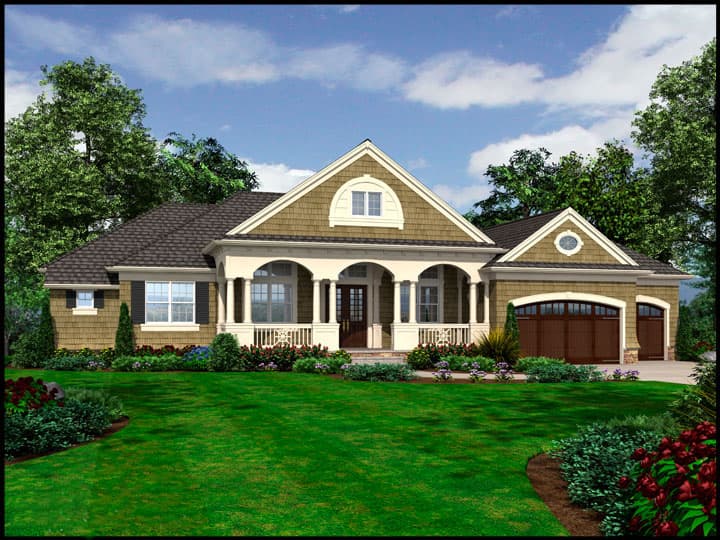 House plan exterior: One-story home with arched portico supported by columns, arched garage doors, and decorative gables.