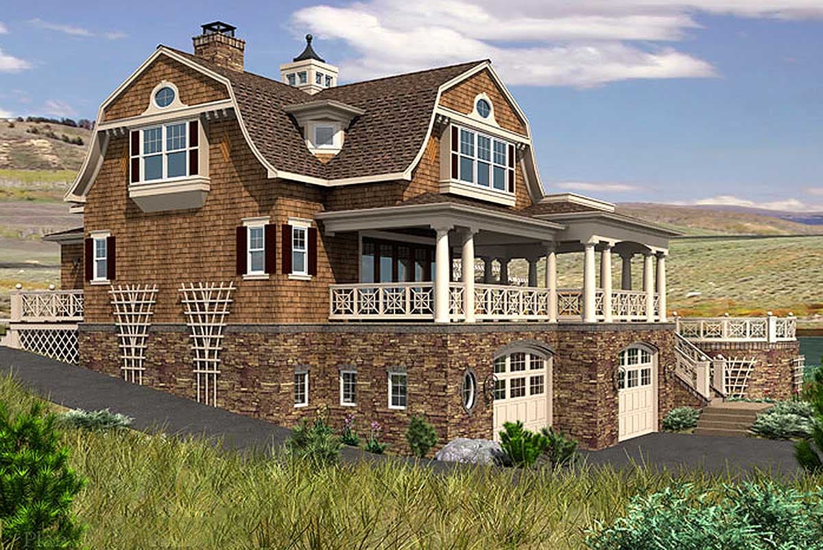 House plan exterior shows a multi-story building with a gambrel roof, wraparound porch with columns, and stone base with garage doors.