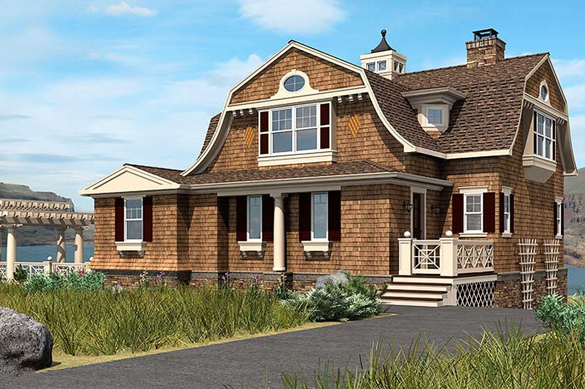 House plan exterior: Colonial Revival style, two stories, gambrel roof, central dormer, portico with columns, and decorative railing on the porch.