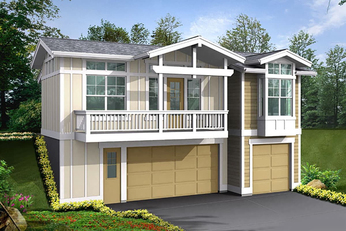 House plan exterior: Modern style, two stories, with a prominent upper balcony, multiple gables, and a dual garage.