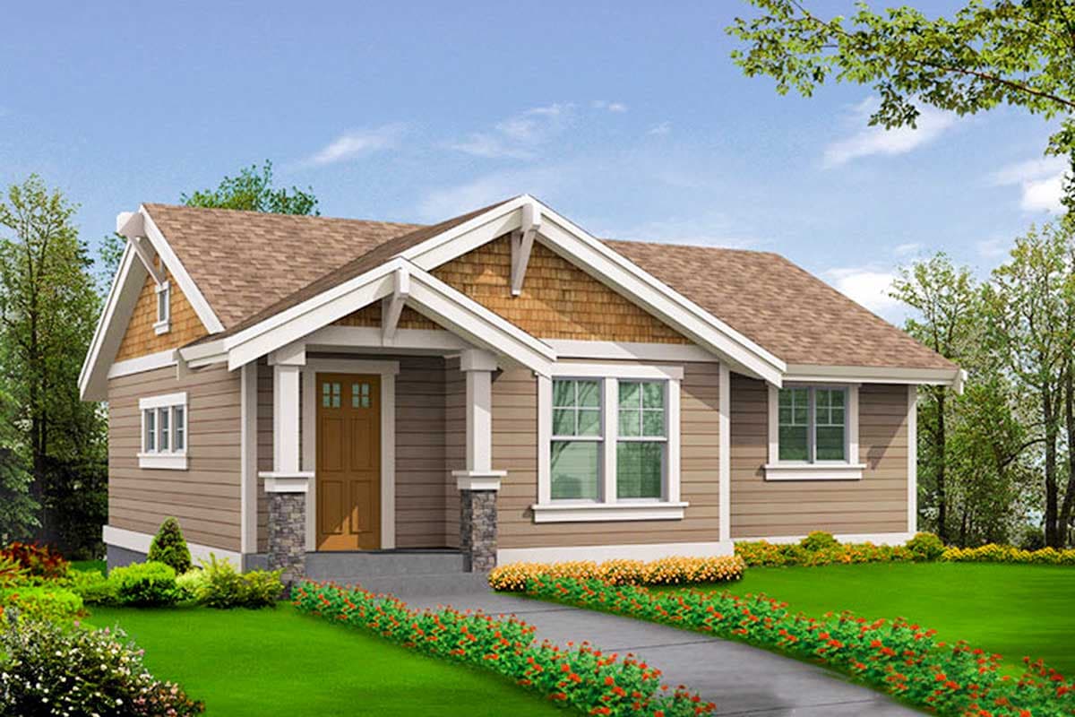 Craftsman style house plan exterior with a covered front porch, prominent gables, shingle siding accents, and multi-pane windows.