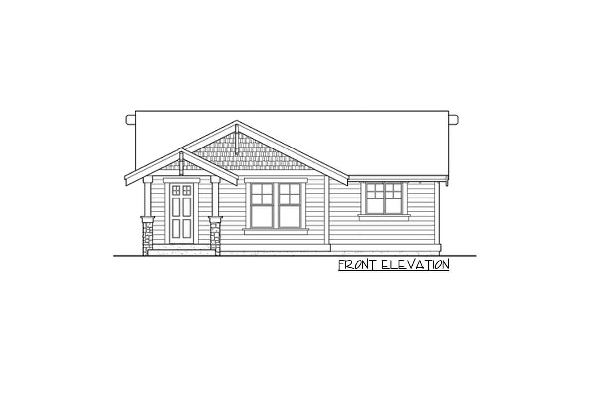 Front elevation drawing of a one-story house plan with covered entry porch, gabled roof, and horizontal siding.