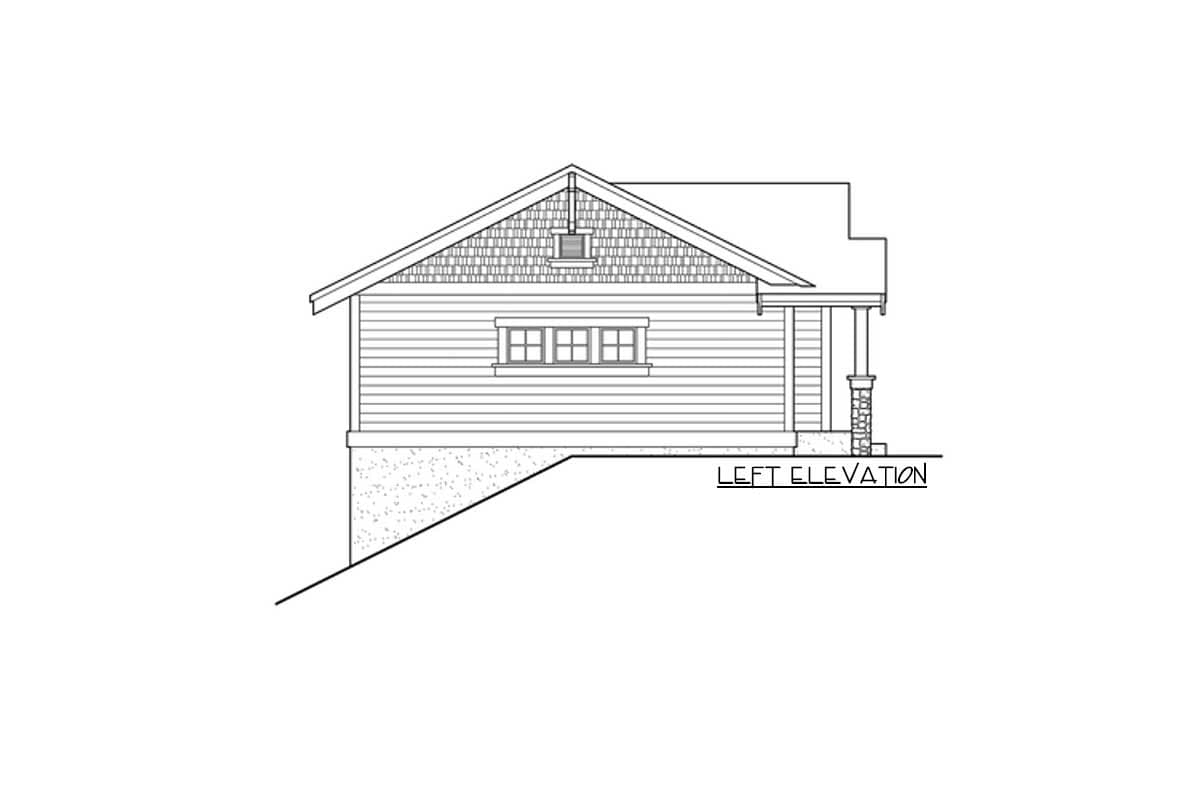 Left elevation of a house plan featuring horizontal siding, shingled gables, a small dormer, and a covered porch with stone-clad columns.