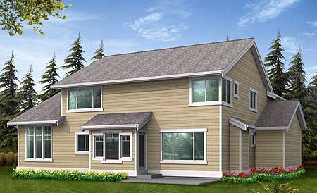Two-story house plan exterior with horizontal siding, multiple gables, and a covered entryway.