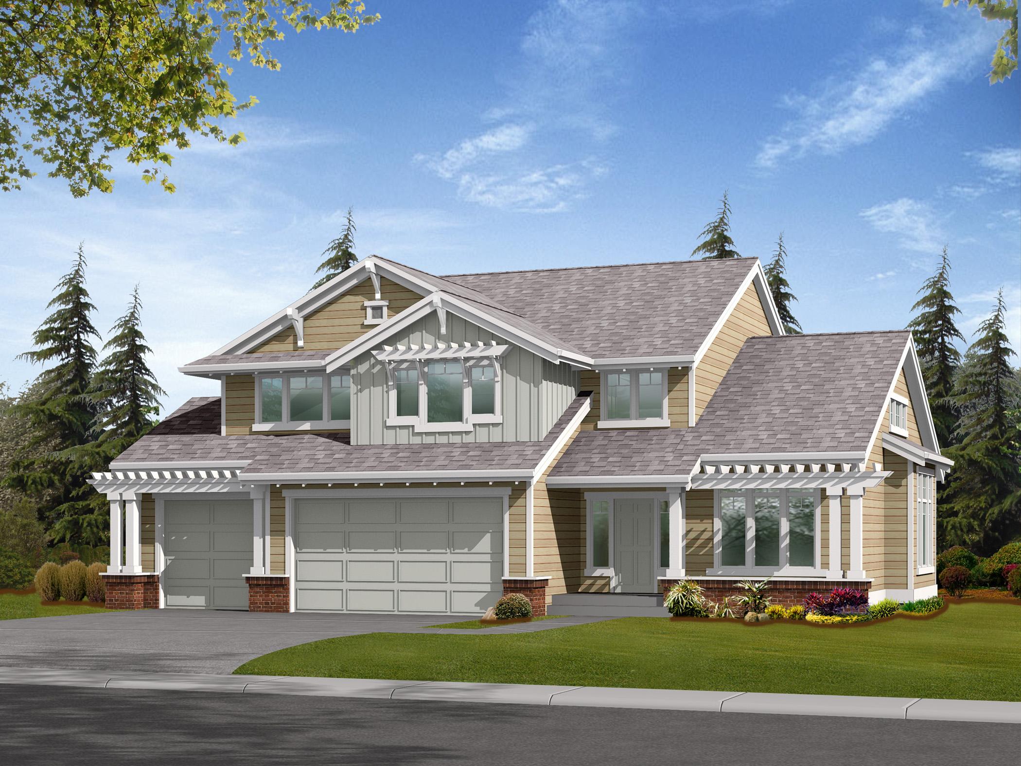 Two-story house plan exterior with a three-car garage, prominent gables, and covered front entry with columns.