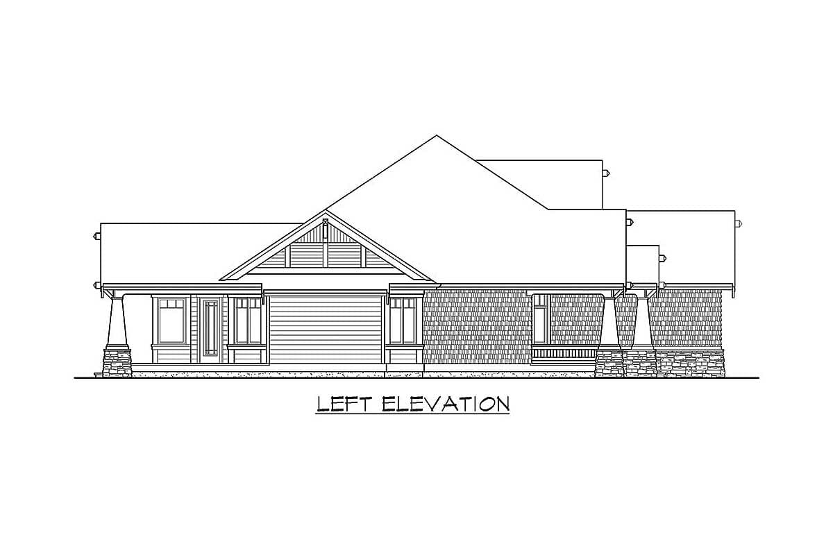 Left elevation of a Craftsman style house plan featuring a prominent gable, stone accents, and a covered porch.