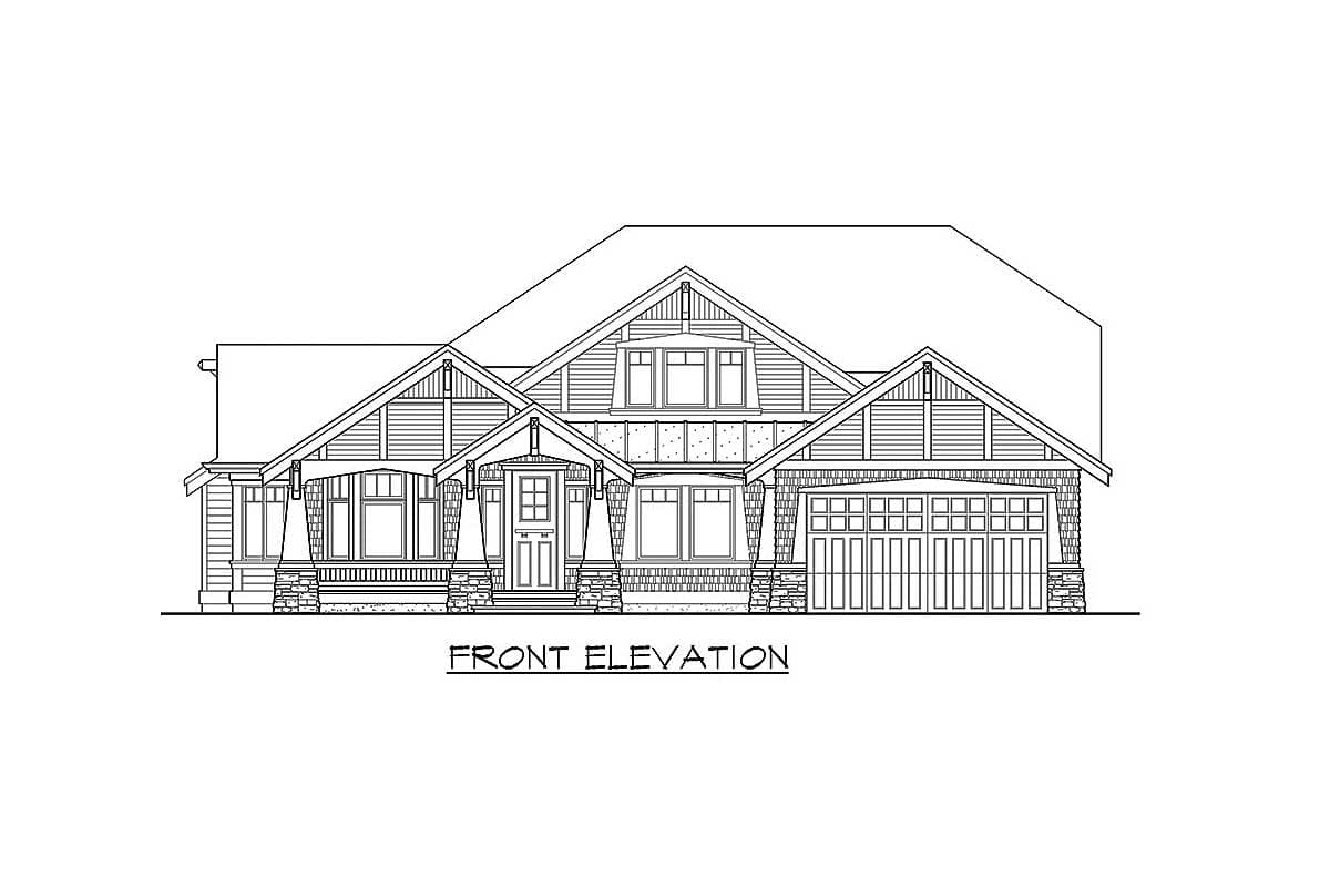 Front elevation drawing of a two-story Craftsman house plan with a covered entry, dormers, and a side-facing garage.