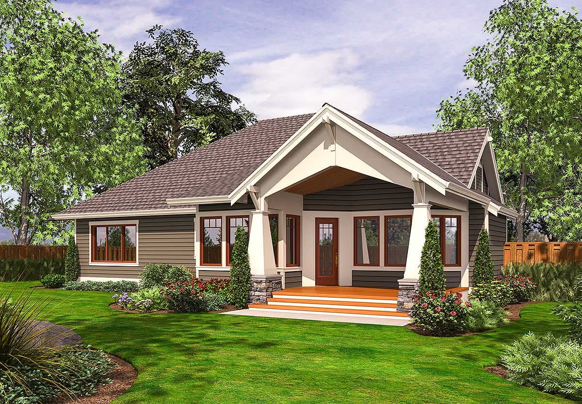 House plan exterior of a one-story home with a gabled entrance porch, double doors, and numerous windows.