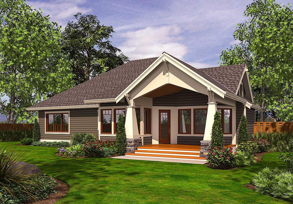 House plan exterior: Single-story home with a covered porch supported by stone-clad columns, gabled roof, and horizontal siding.