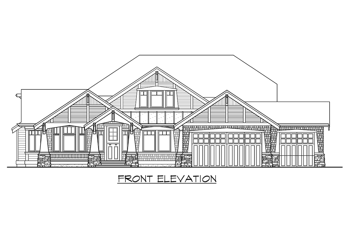 Craftsman style house plan front elevation with covered porch, dormers, and triple garage.