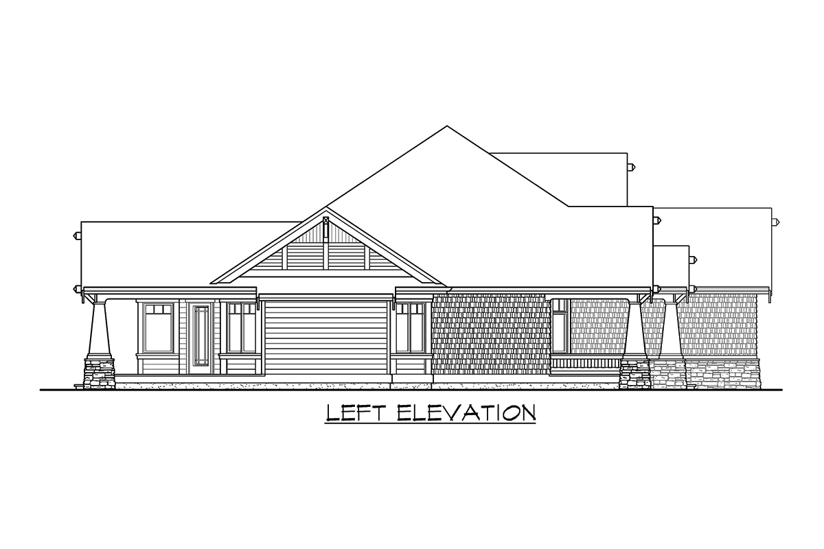 Left elevation drawing of a single-story house plan with stone foundation, gabled dormer, covered entry, and attached garage.