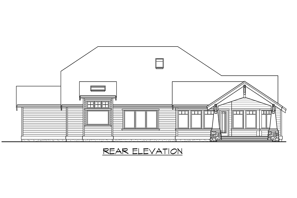 Rear elevation drawing of a house plan with a prominent gabled front porch supported by stone pillars.