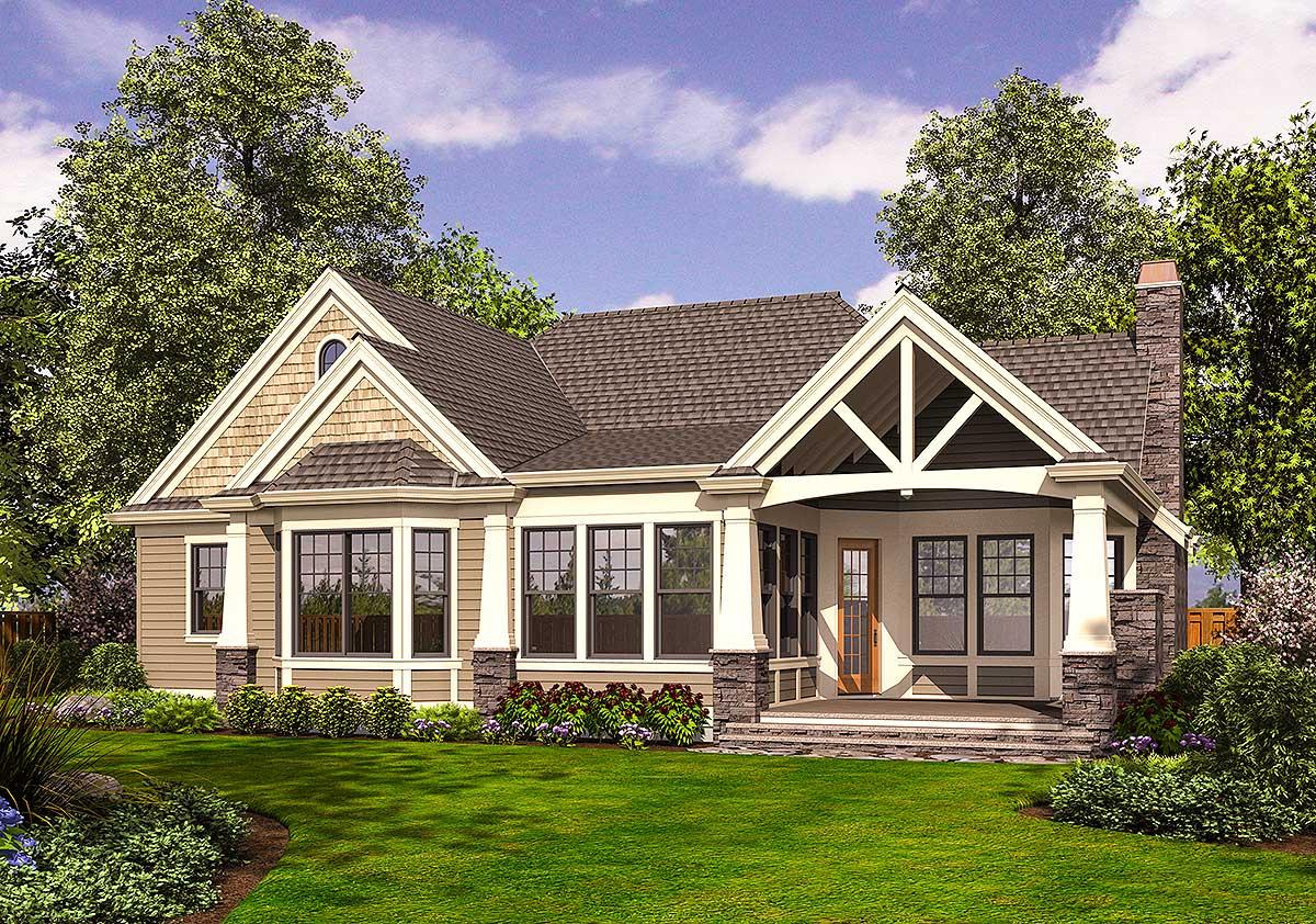 House plan exterior: One-story home with prominent gables, bay window, stone chimney, and exposed rafter tails on front porch.