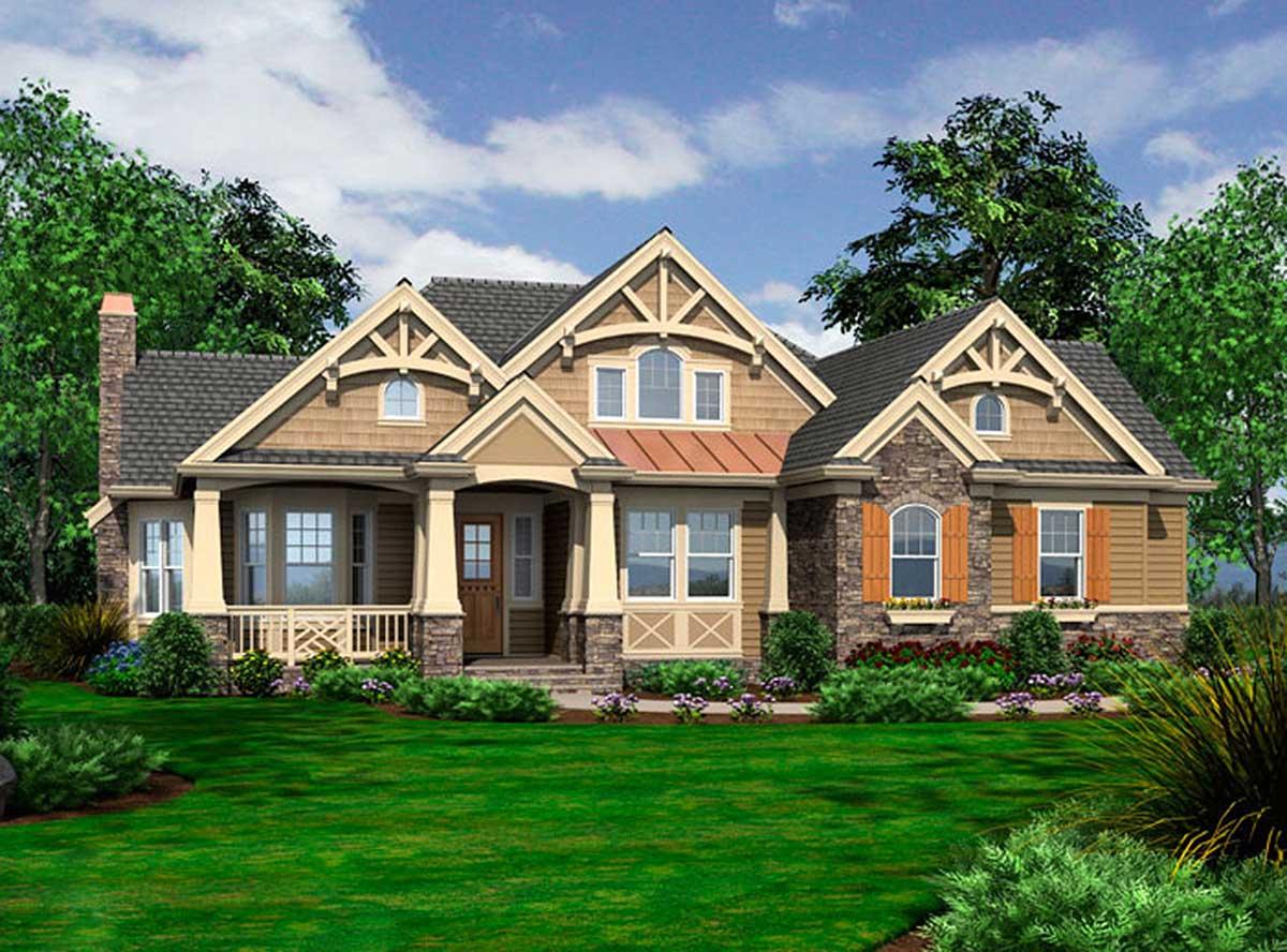 Craftsman house plan exterior with stone accents, gabled dormers, a covered porch with columns, and decorative bracket details.