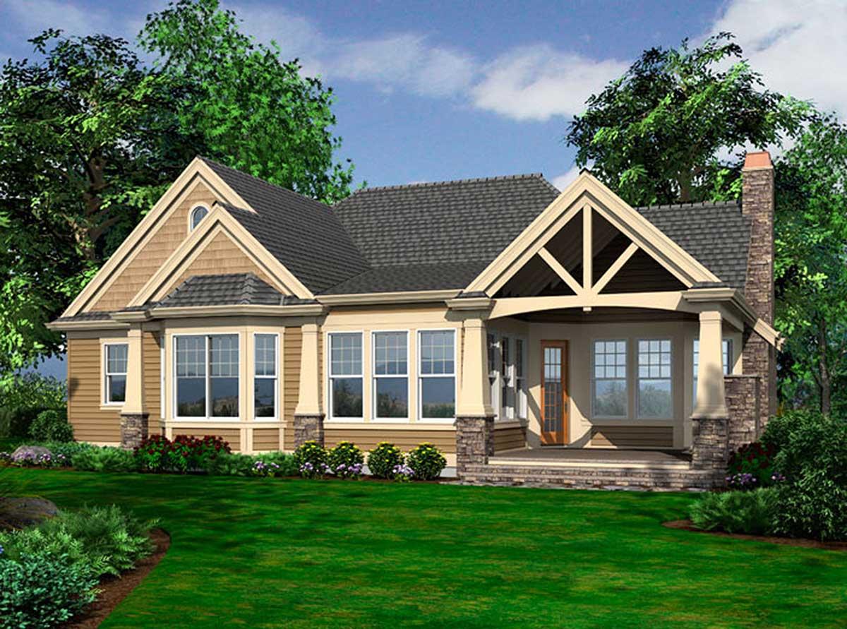 House plan exterior with a prominent gable roof, covered porch with exposed beams, bay windows, and stone chimney.