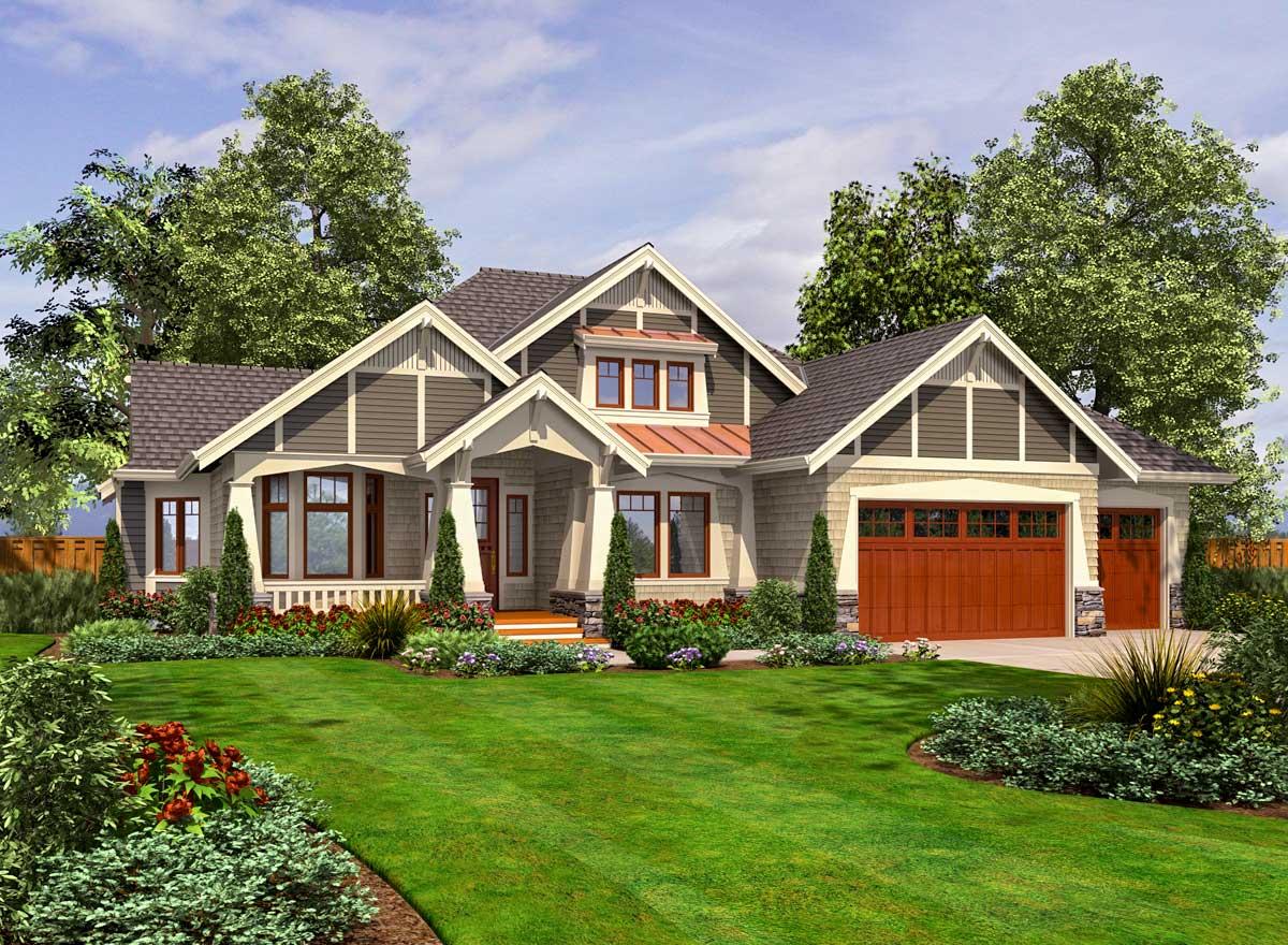 House plan exterior. Craftsman style with gabled roof, front porch, and garage with carriage-style doors. Landscaping includes lawn and shrubs.