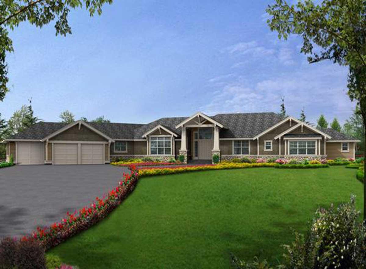 House plan exterior for a single-story Modern Farmhouse with a 3-car garage, gable rooflines, and a covered entryway.