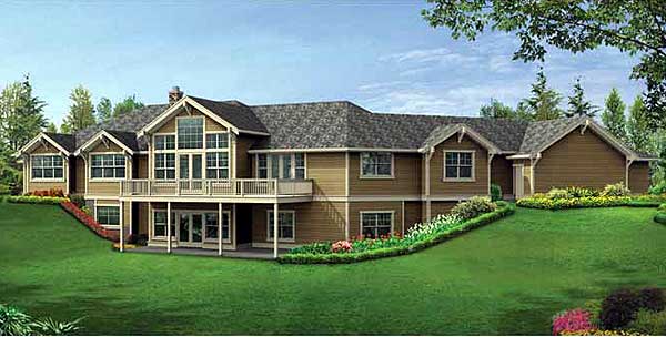 House plan exterior shows a multi-story home with a walk-out basement, large windows, and a wraparound deck.