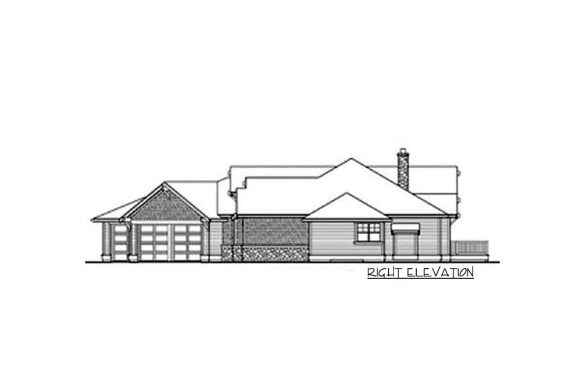 Right elevation drawing of a one-story house plan with a side-entry garage, brick and stone accents, and a gabled roofline.