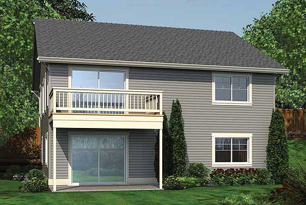 House plan exterior featuring a two-story design with horizontal siding, a second-story balcony, and sliding glass doors.