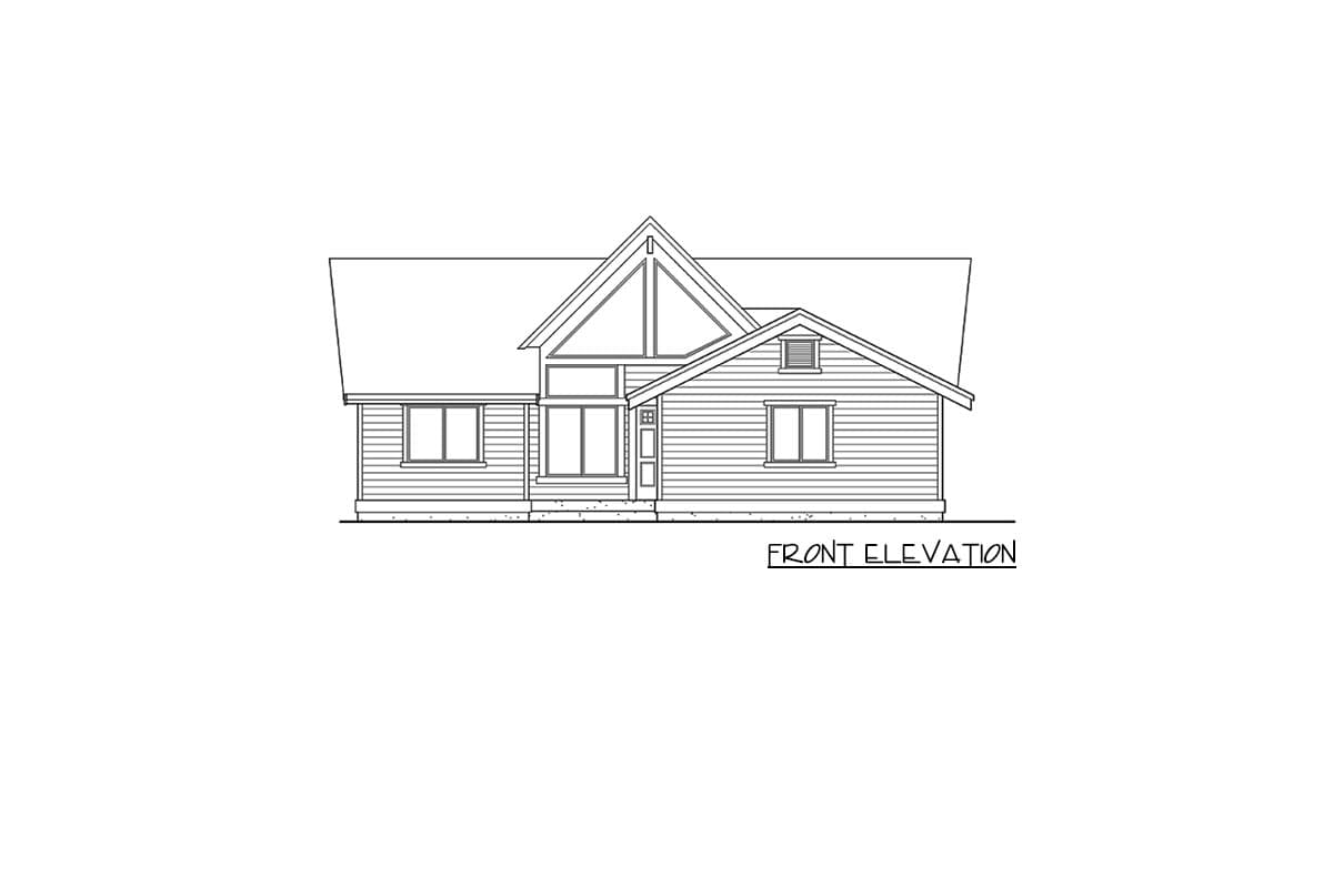 Front elevation drawing of a house with horizontal siding, a prominent gable with a window, and a lower pitched roof.