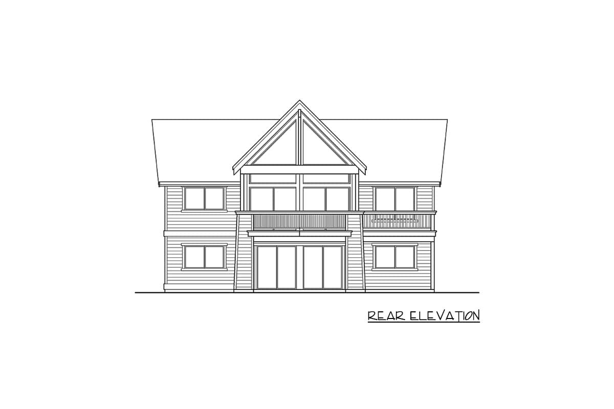 Rear elevation drawing of a two-story house with a prominent gable, balcony, and double doors.