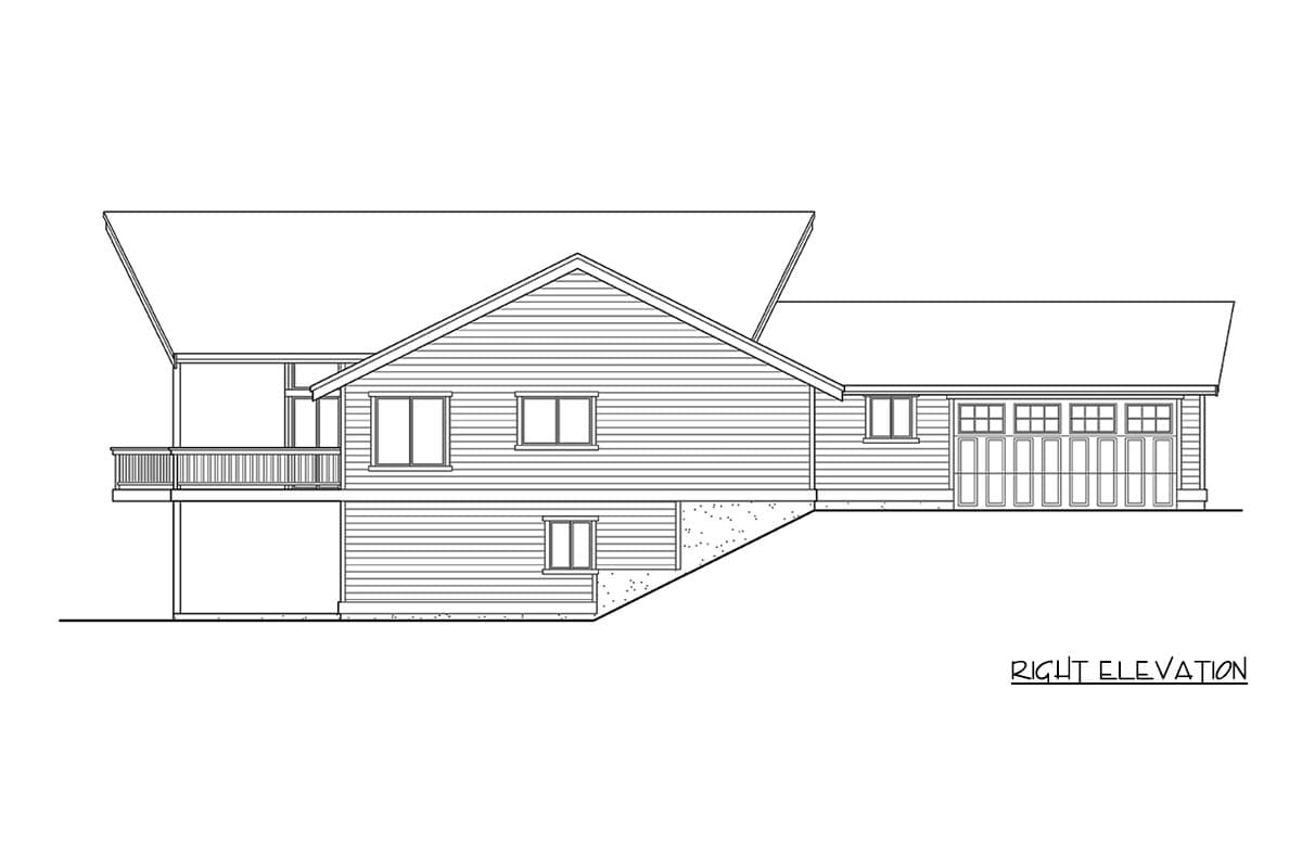 Right elevation drawing of a house plan with a deck, multiple windows, and a three-car garage.