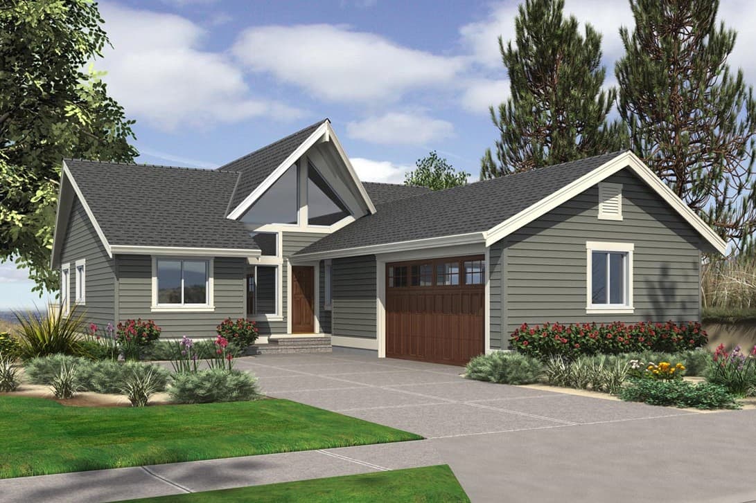 House plan exterior with two stories. Features a gabled roof, a large windowed gable, and an attached garage. Horizontal siding.