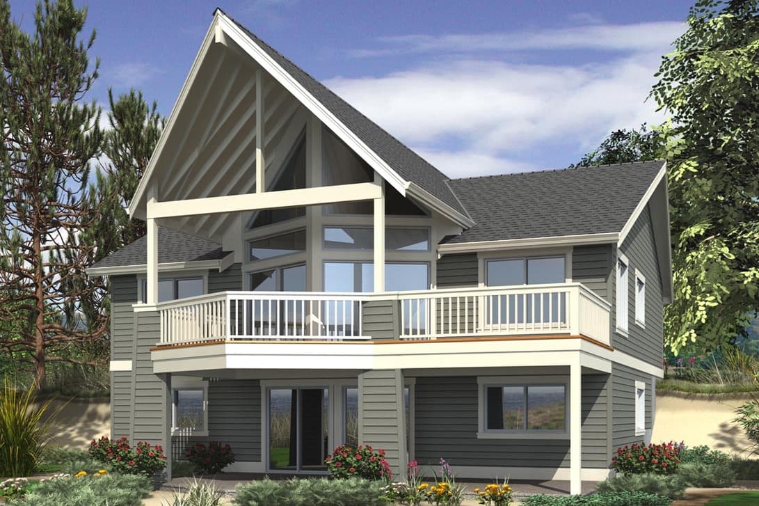 House plan exterior: two-story modern design with gable roof, covered balcony, and large windows.